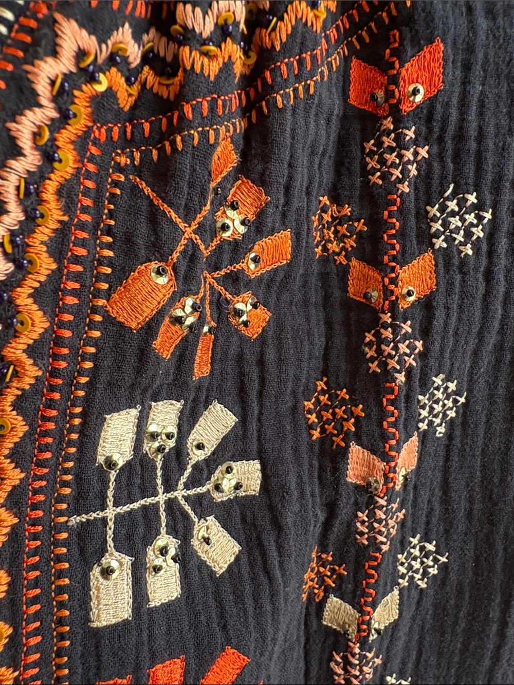 Navy Embroidered Peasant Blouse with Coral Accents - Picture 6 of 6